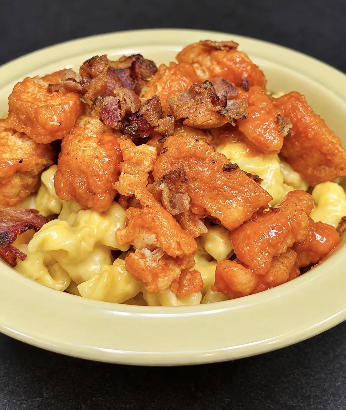 Buffalo chicken over mac and cheese