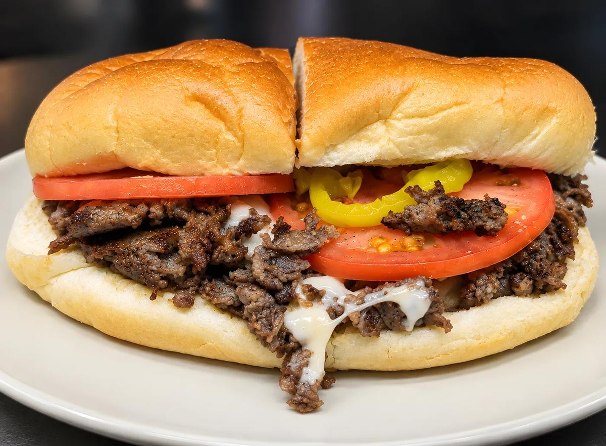 Cheese Steak Sandwich with tomato and pepper rings